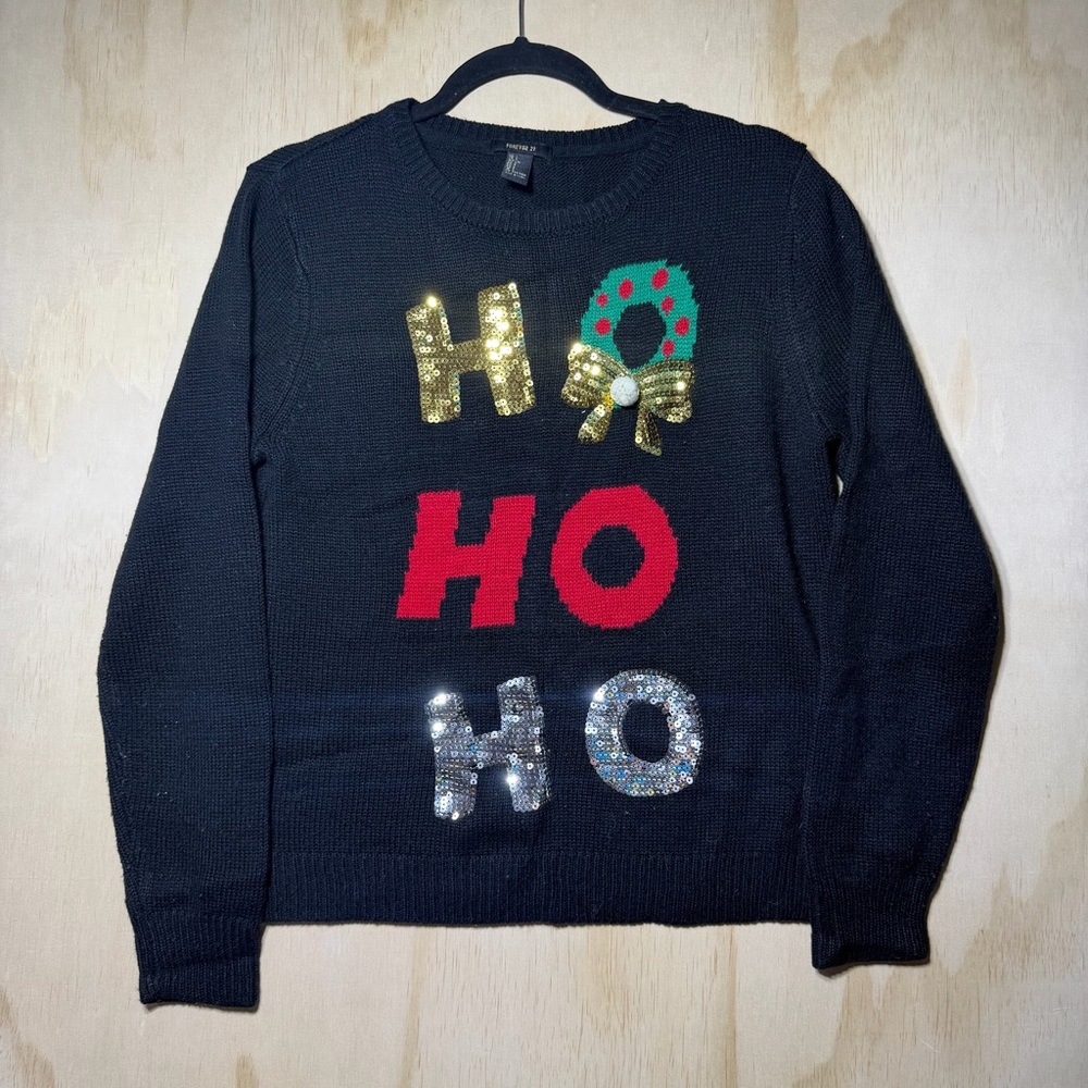 Forever 21 Christmas Sweater‎ L Black HO HO HO Sequin Wreath Bow Ugly Xmas Knit